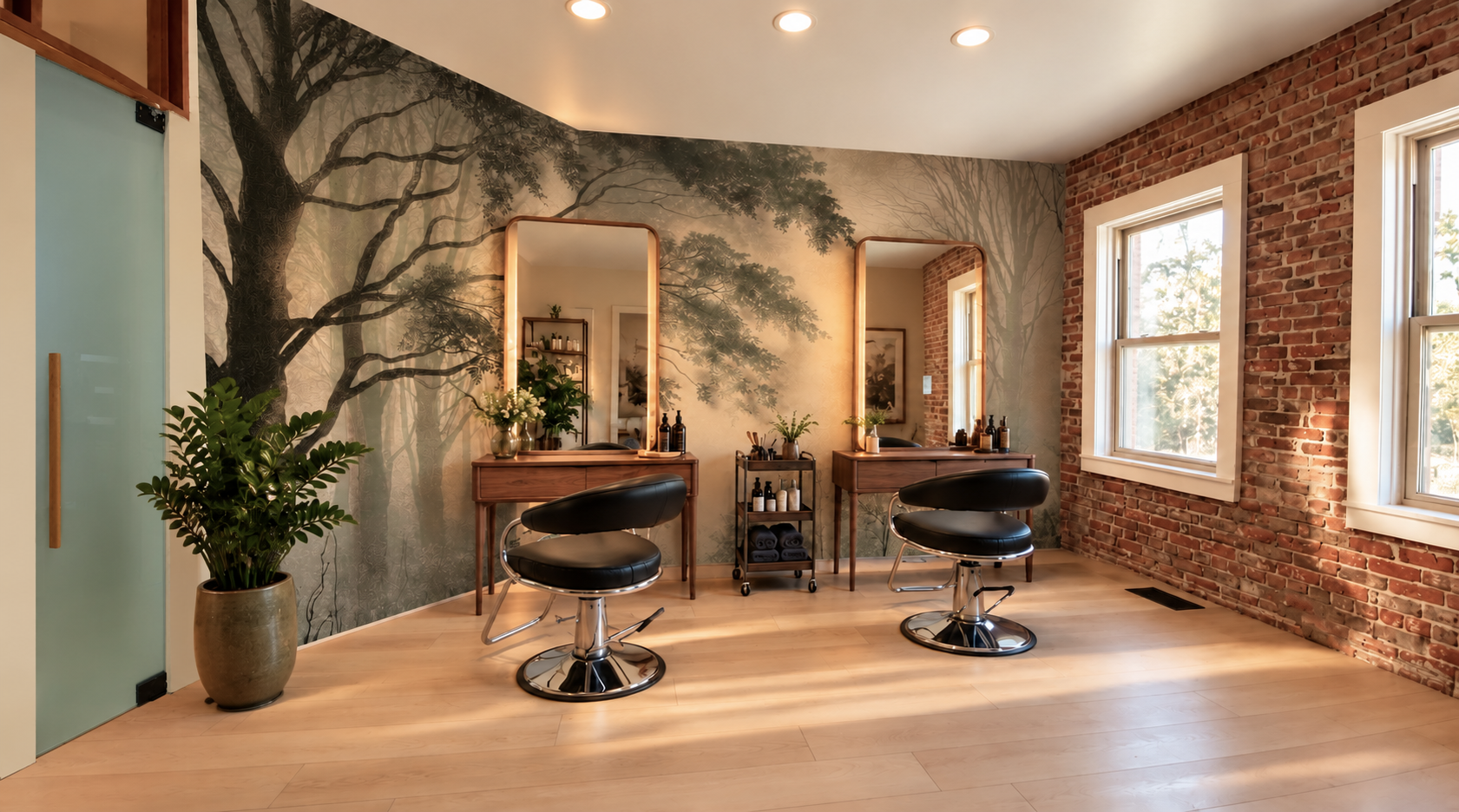 BeautyField forest mural studio with two styling chairs, virtually furnished